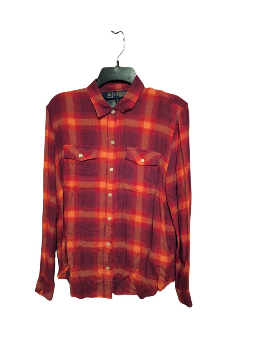 Gap Pendleton Womens Plaid Boyfriend Flannel L/S Button Shirt Red Orange Medium
